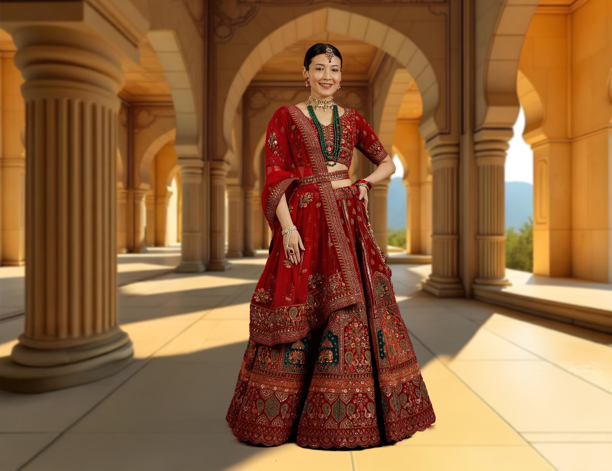Bridesmaids or bride in a red lehenga with a red dupatta, beautifully styled with a layered green modern mala for a regal wedding look."